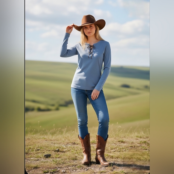 Lauren Ralph Lauren Light Blue Lace-Up Henley Top Small Long Sleeve Cotton - Picture 8 of 8